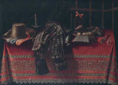 Still Life with Clothes, Weapons, and a Mirror on a Red Embroidered Tablecloth by Carlo Manieri